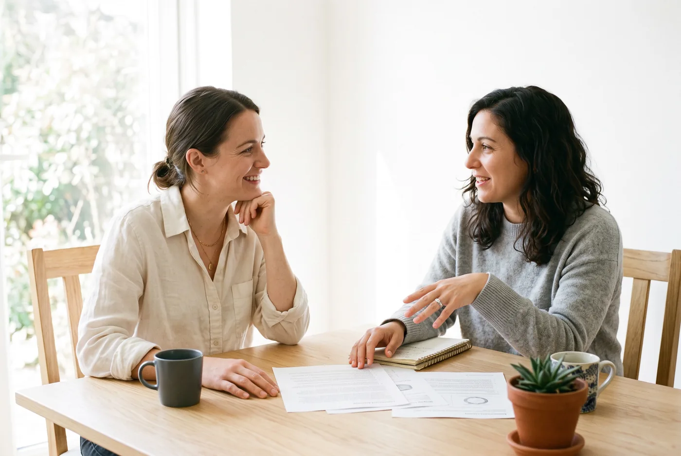 Two people reviewing financial documents together at a sunlit table.