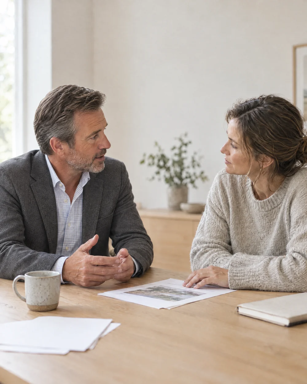 A business owner and a Mainstay advisor talking across a table in a bright, light-filled room.